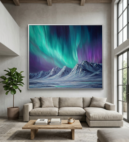 Whispers of the North hand-painted abstract painting displayed in a spacious open-plan living room