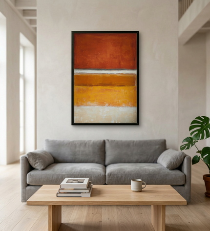 Rust and Gold hand-painted landscape painting displayed in a spacious open-plan living room