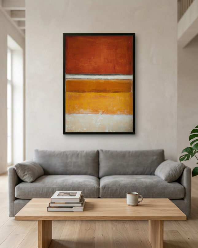 Rust and Gold hand-painted landscape painting displayed in a spacious open-plan living room