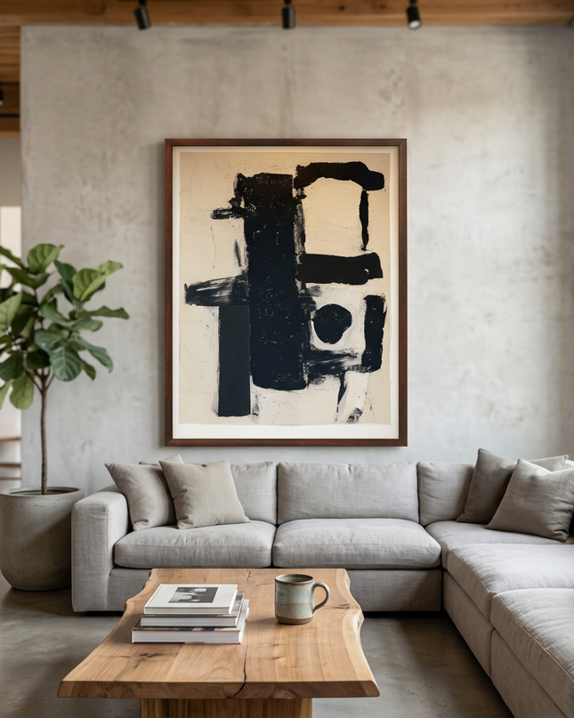 Monochrome Balance hand-painted abstract painting displayed in a spacious open-plan living room