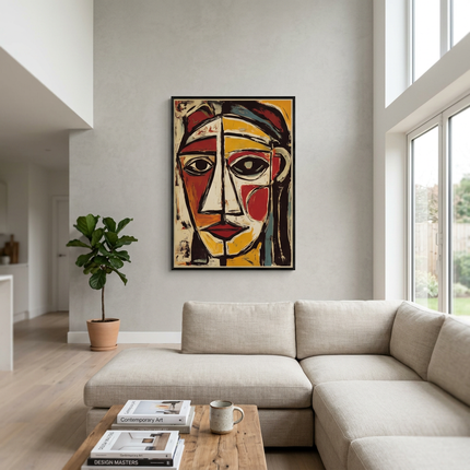 The Watcher hand-painted abstract painting displayed in a spacious open-plan living room