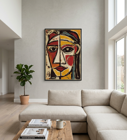 The Watcher hand-painted abstract painting displayed in a spacious open-plan living room