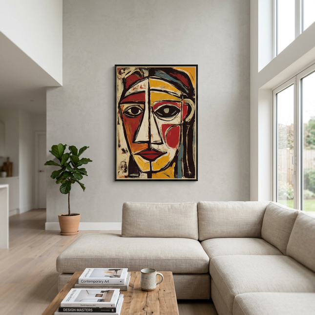 The Watcher hand-painted abstract painting displayed in a spacious open-plan living room