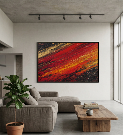 Passion Ripples hand-painted contemporary painting displayed in a spacious open-plan living room