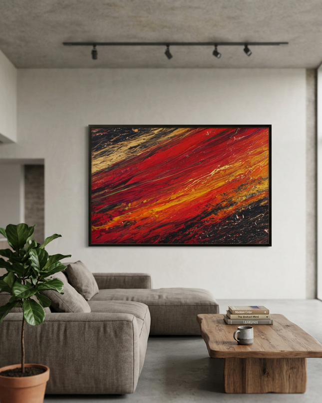 Passion Ripples hand-painted contemporary painting displayed in a spacious open-plan living room