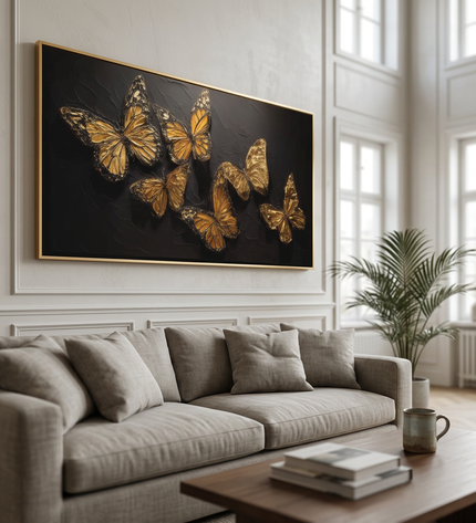 Soaring Butterflies hand-painted figurative painting displayed in a spacious open-plan living room