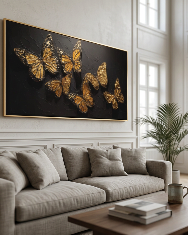 Soaring Butterflies hand-painted figurative painting displayed in a spacious open-plan living room