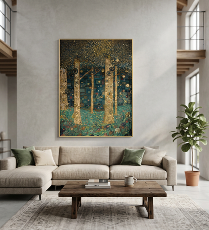 Mystic Woodland hand-painted landscape painting displayed in a spacious open-plan living room