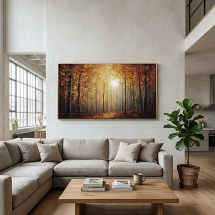 Autumn's Scent hand-painted landscape painting displayed in a spacious open-plan living room