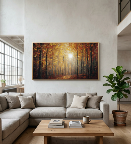 Autumn's Scent hand-painted landscape painting displayed in a spacious open-plan living room