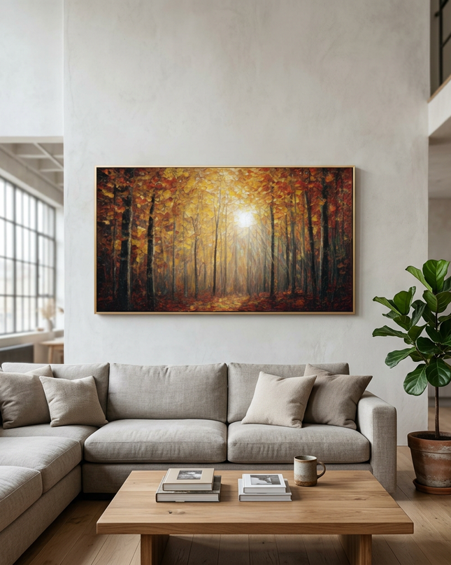 Autumn's Scent hand-painted landscape painting displayed in a spacious open-plan living room