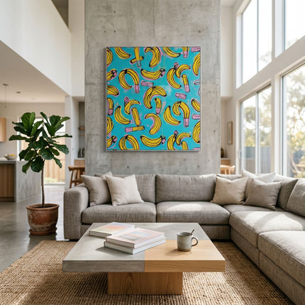 Banana Crush hand-painted figurative painting displayed in a spacious open-plan living room