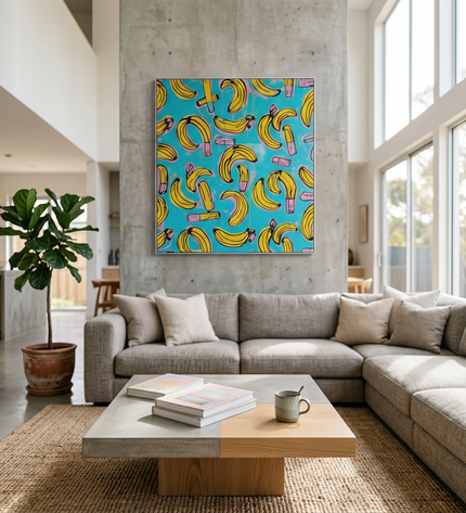 Banana Crush hand-painted figurative painting displayed in a spacious open-plan living room