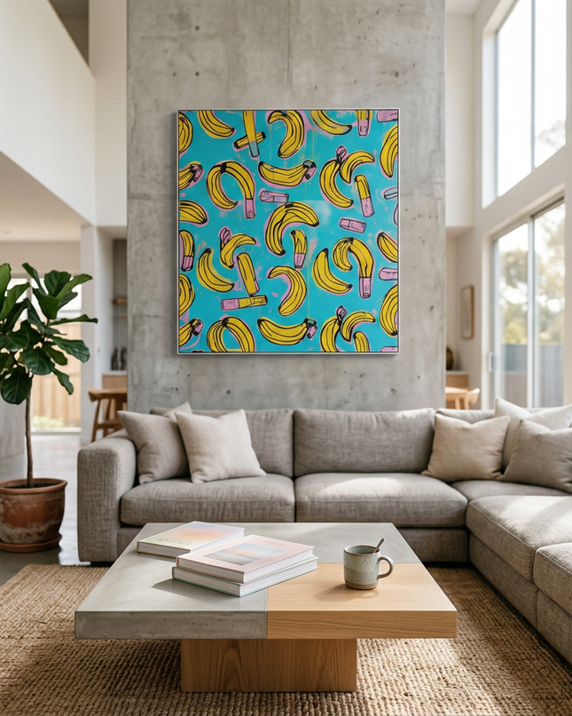 Banana Crush hand-painted figurative painting displayed in a spacious open-plan living room