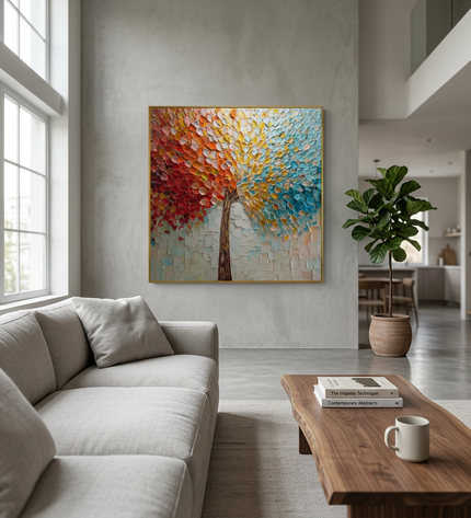 Joyful Tree hand-painted landscape painting displayed in a spacious open-plan living room