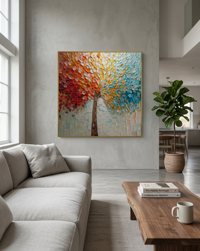 Joyful Tree hand-painted landscape painting displayed in a spacious open-plan living room