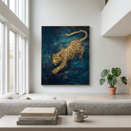 Goldstrike hand-painted floral painting displayed in a spacious open-plan living room