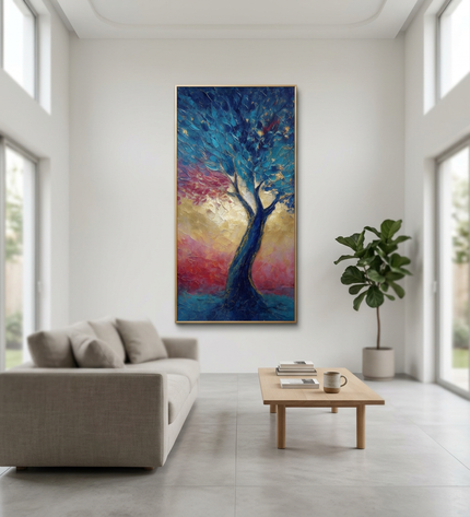 Flourish hand-painted floral painting displayed in a spacious open-plan living room