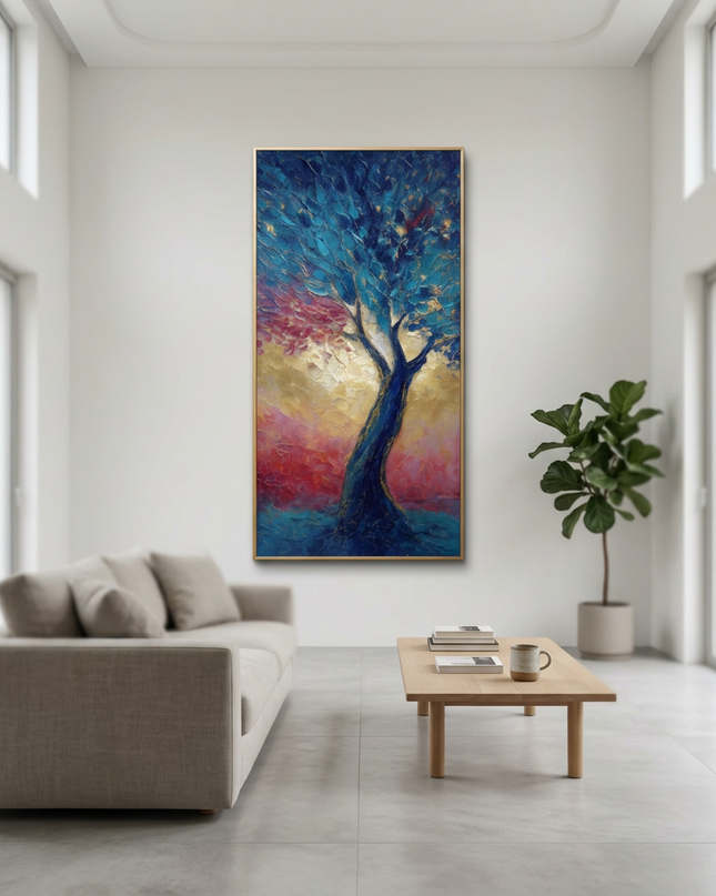 Flourish hand-painted floral painting displayed in a spacious open-plan living room