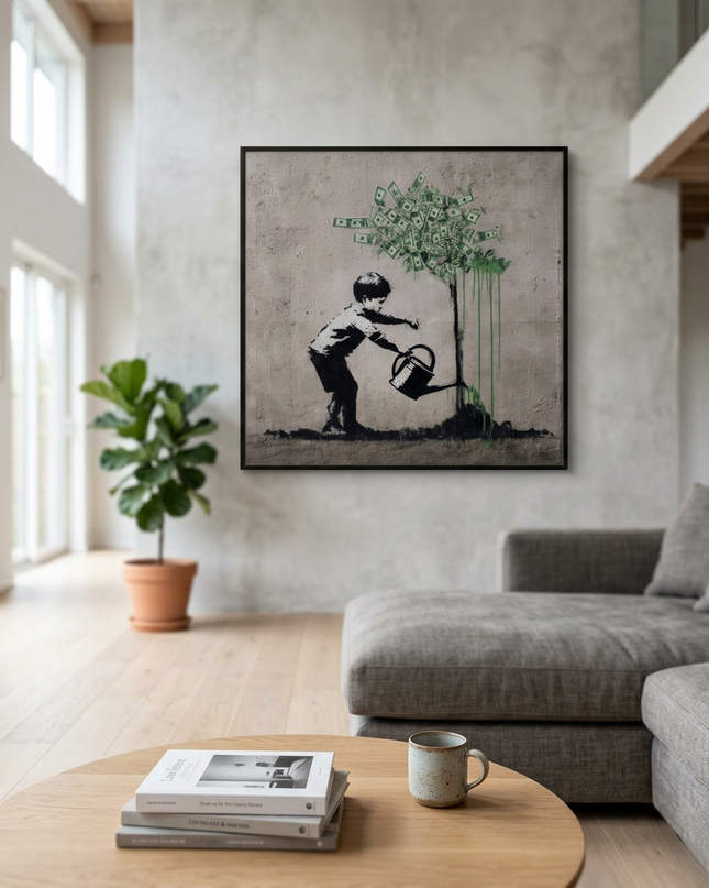 Harvest of Hope hand-painted floral painting displayed in a spacious open-plan living room