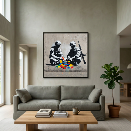 Peace Builders hand-painted figurative painting displayed in a spacious open-plan living room