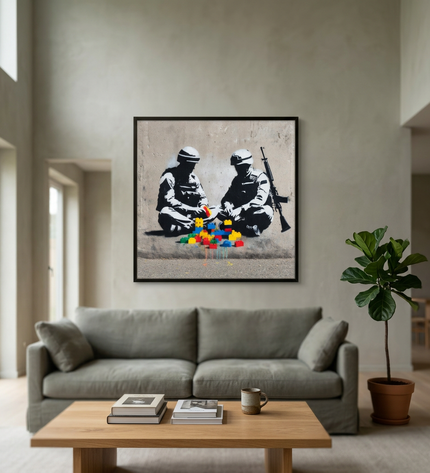 Peace Builders hand-painted figurative painting displayed in a spacious open-plan living room