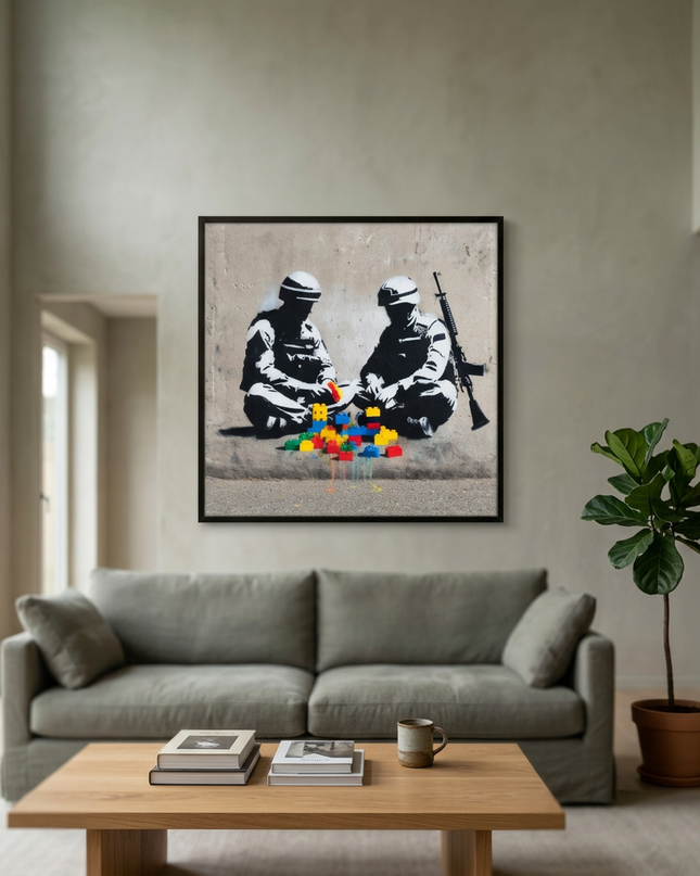 Peace Builders hand-painted figurative painting displayed in a spacious open-plan living room