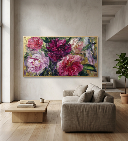 Rhapsody in Petals hand-painted floral painting displayed in a spacious open-plan living room
