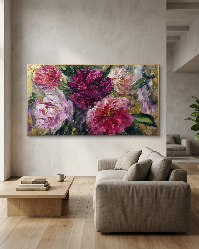 Rhapsody in Petals hand-painted floral painting displayed in a spacious open-plan living room