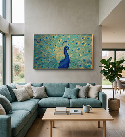 Feathers of Fortune hand-painted figurative painting displayed in a spacious open-plan living room
