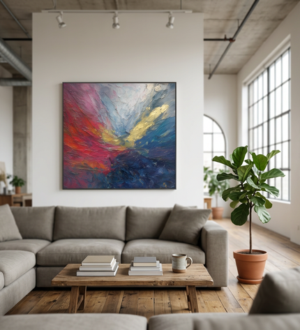 Luminous Tide hand-painted abstract painting displayed in a spacious open-plan living room