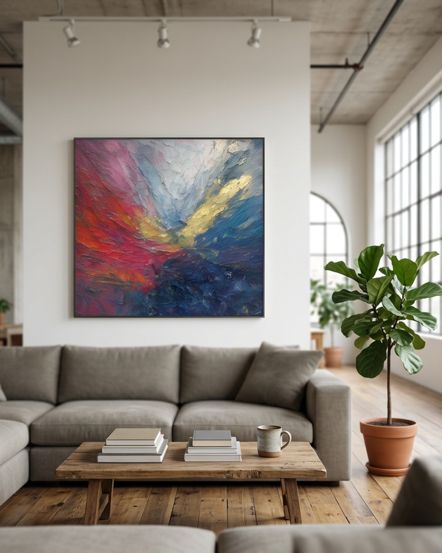 Luminous Tide hand-painted abstract painting displayed in a spacious open-plan living room