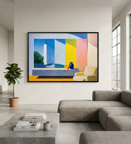 Constructed Dimension hand-painted landscape painting displayed in a spacious open-plan living room