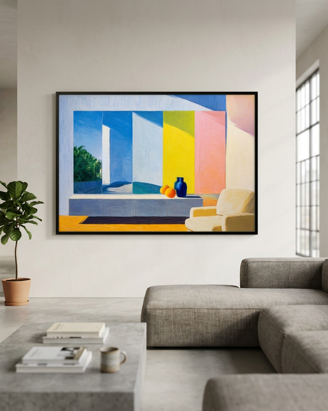 Constructed Dimension hand-painted landscape painting displayed in a spacious open-plan living room