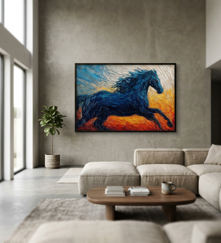 Morning Rider hand-painted landscape painting displayed in a spacious open-plan living room
