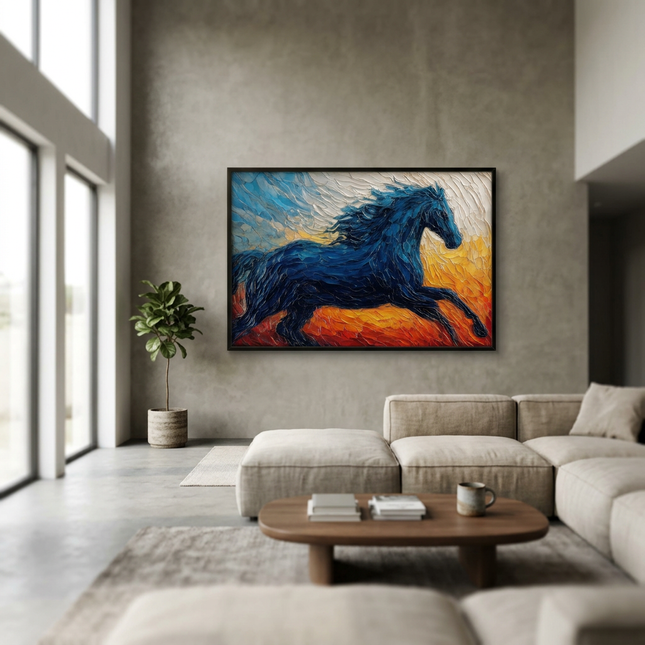 Morning Rider hand-painted landscape painting displayed in a spacious open-plan living room