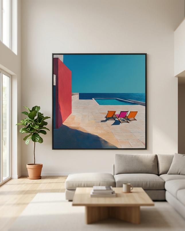 Quiet Escapes hand-painted landscape painting displayed in a spacious open-plan living room