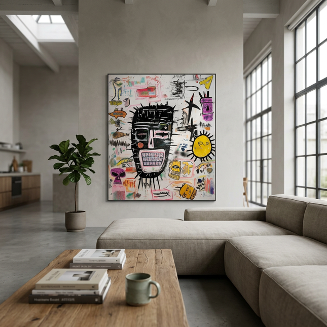 Tribal Pop hand-painted abstract painting displayed in a spacious open-plan living room