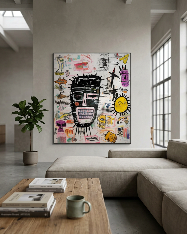 Tribal Pop hand-painted abstract painting displayed in a spacious open-plan living room