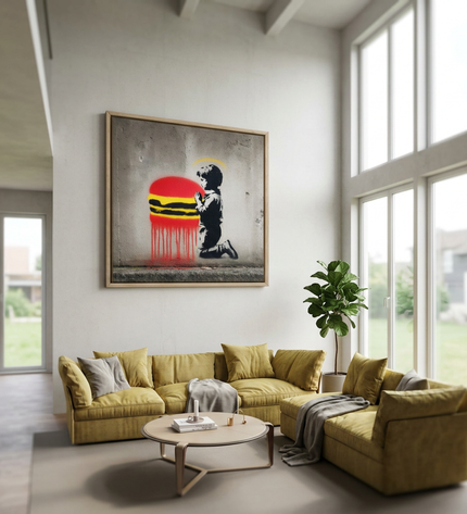 Holy Burger hand-painted figurative painting displayed in a spacious open-plan living room