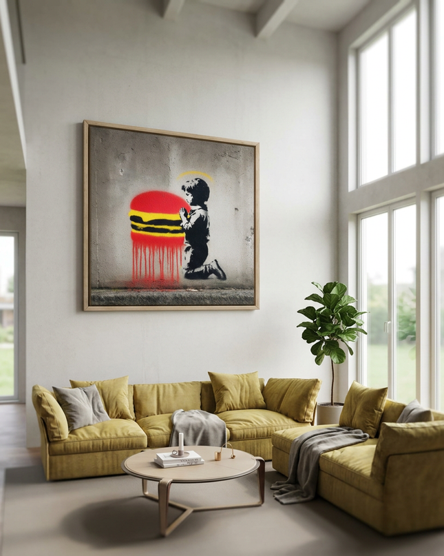 Holy Burger hand-painted figurative painting displayed in a spacious open-plan living room