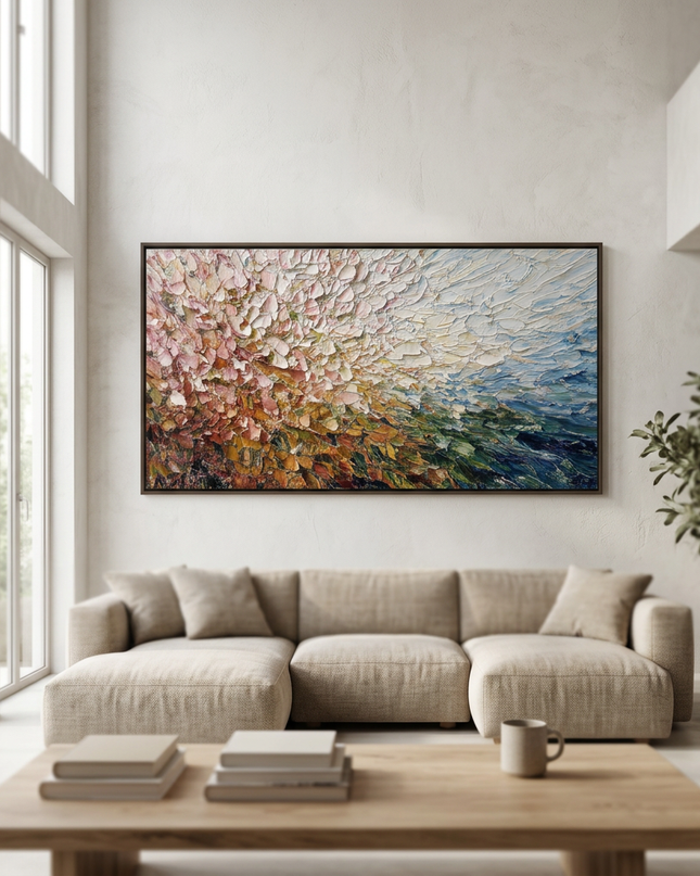Radiant Meadow hand-painted landscape painting displayed in a spacious open-plan living room