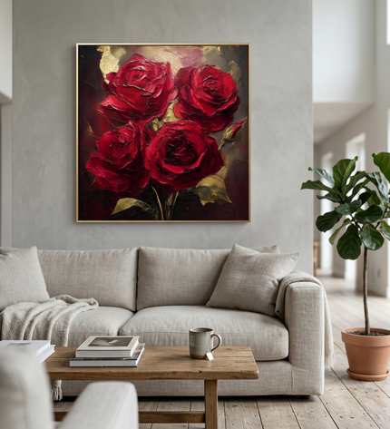 Velvet Passion hand-painted floral painting displayed in a spacious open-plan living room