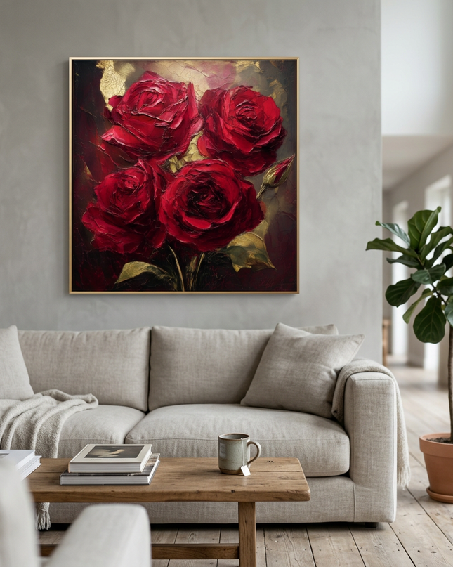 Velvet Passion hand-painted floral painting displayed in a spacious open-plan living room