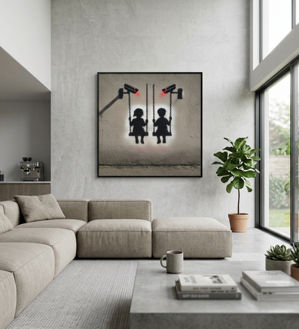 Surveillance Playground hand-painted figurative painting displayed in a spacious open-plan living room