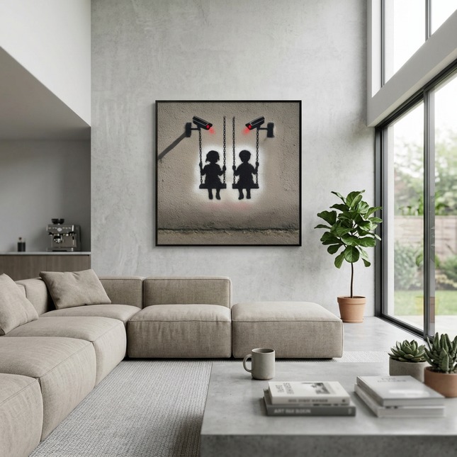Surveillance Playground hand-painted figurative painting displayed in a spacious open-plan living room