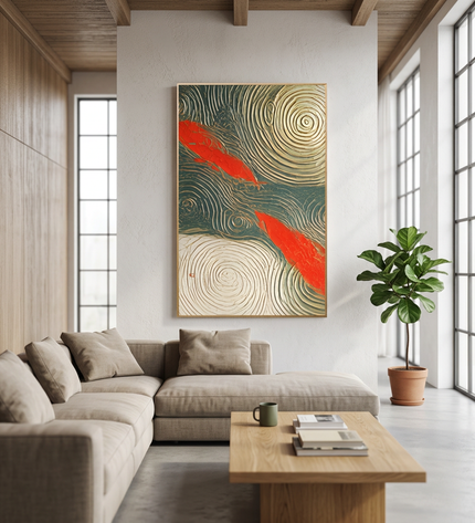 Tides of Blessings hand-painted abstract painting displayed in a spacious open-plan living room