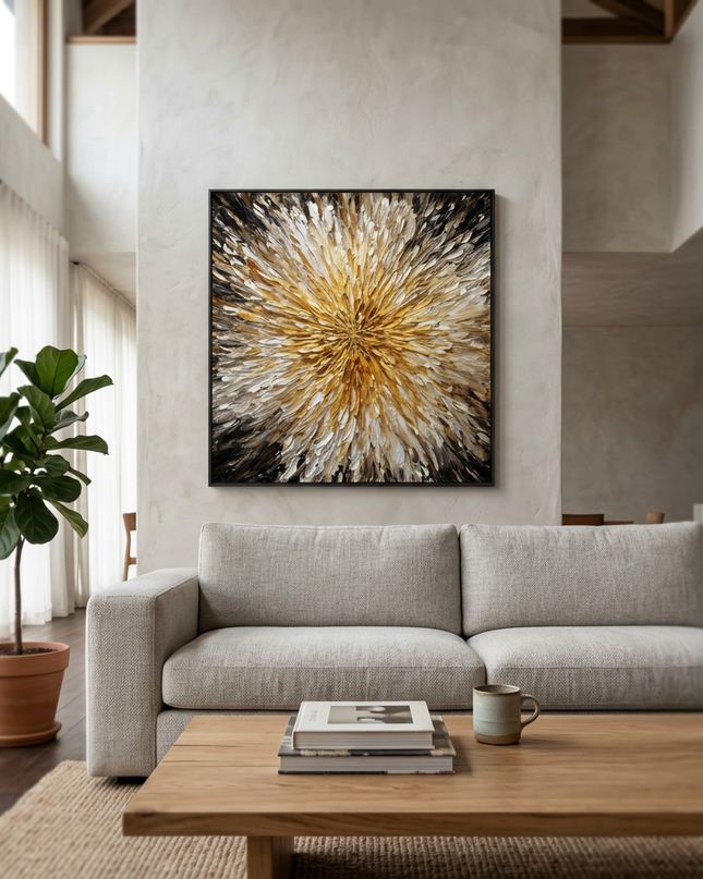 Radiance Petals hand-painted floral painting displayed in a spacious open-plan living room