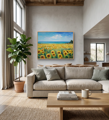 Golden Days hand-painted landscape painting displayed in a spacious open-plan living room