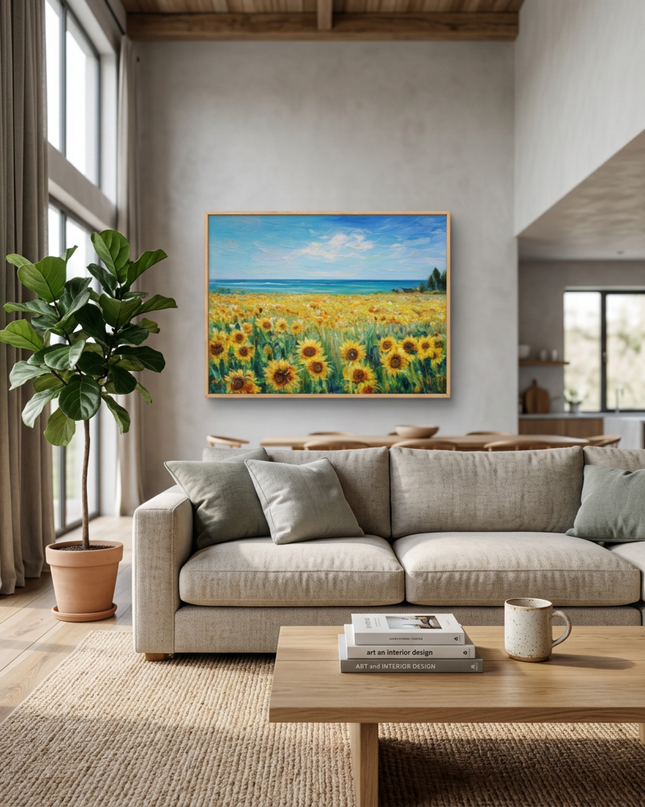 Golden Days hand-painted landscape painting displayed in a spacious open-plan living room